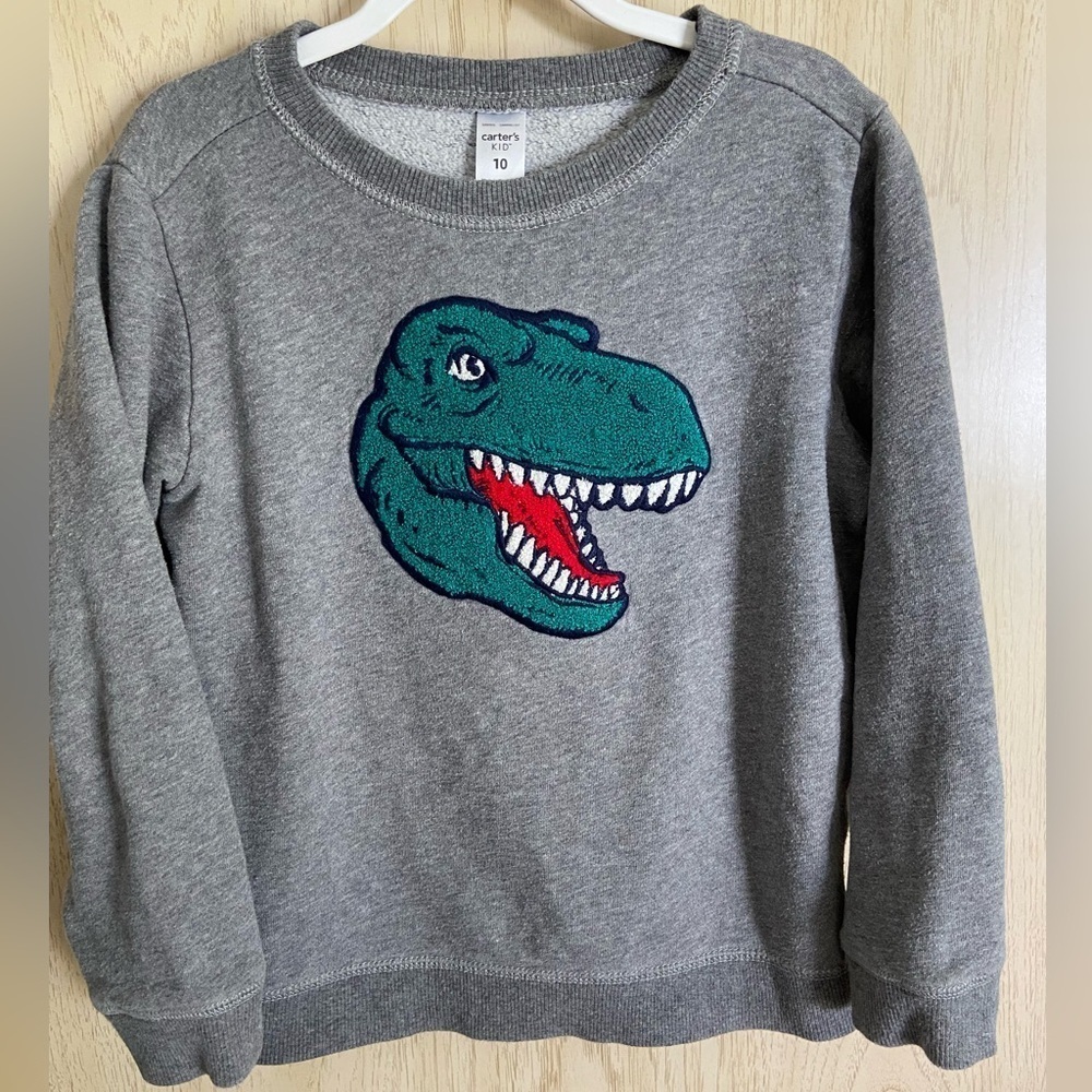 💛 Carter's Boys Crew Neck Dinosaur T-Rex Patch Sweatshirt Pullover Gray Sz 10